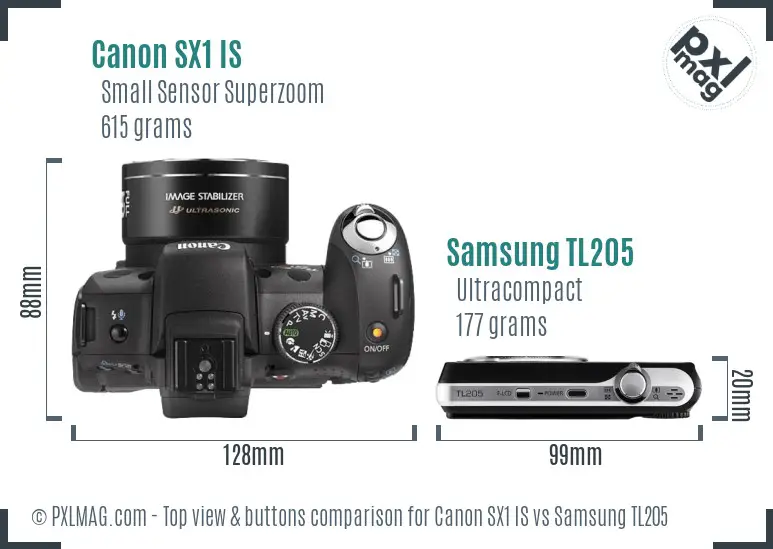 Canon SX1 IS vs Samsung TL205 top view buttons comparison