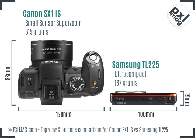 Canon SX1 IS vs Samsung TL225 top view buttons comparison