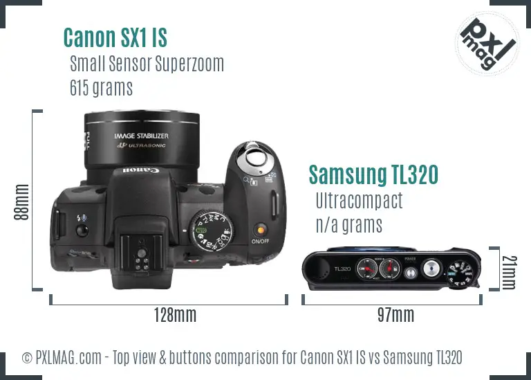 Canon SX1 IS vs Samsung TL320 top view buttons comparison
