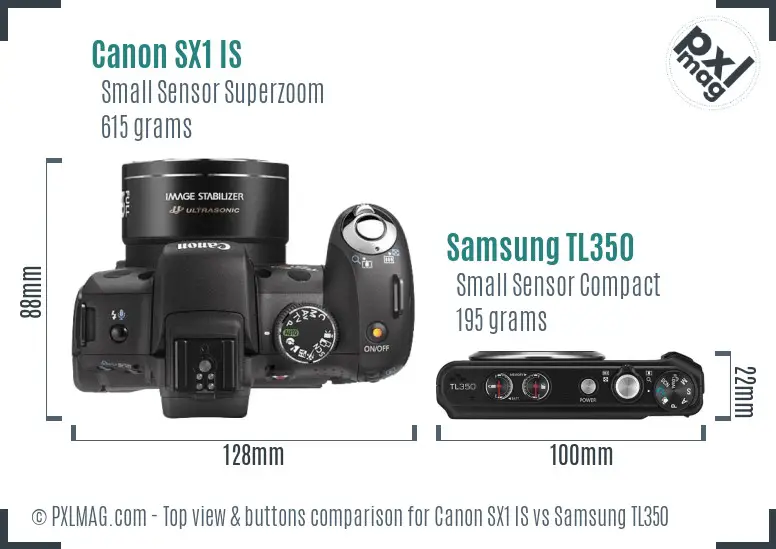 Canon SX1 IS vs Samsung TL350 top view buttons comparison