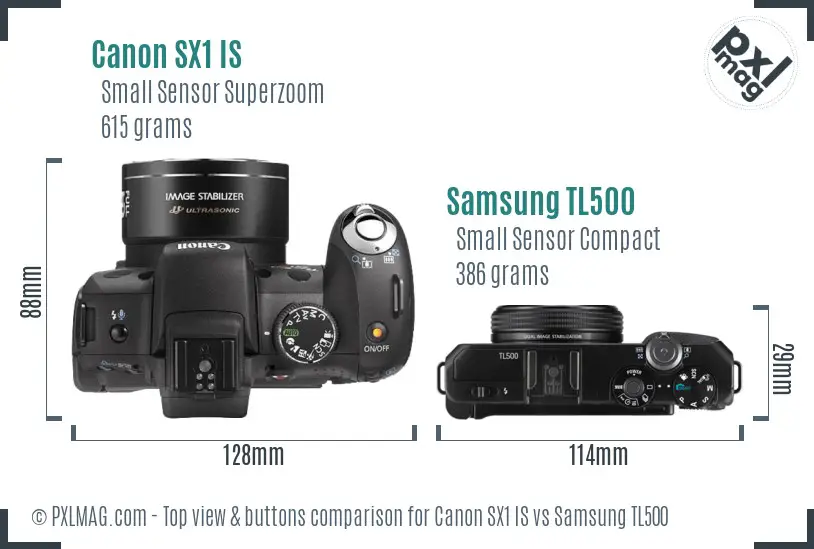 Canon SX1 IS vs Samsung TL500 top view buttons comparison