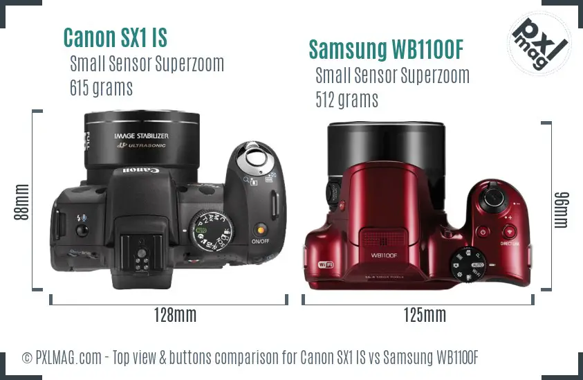 Canon SX1 IS vs Samsung WB1100F top view buttons comparison