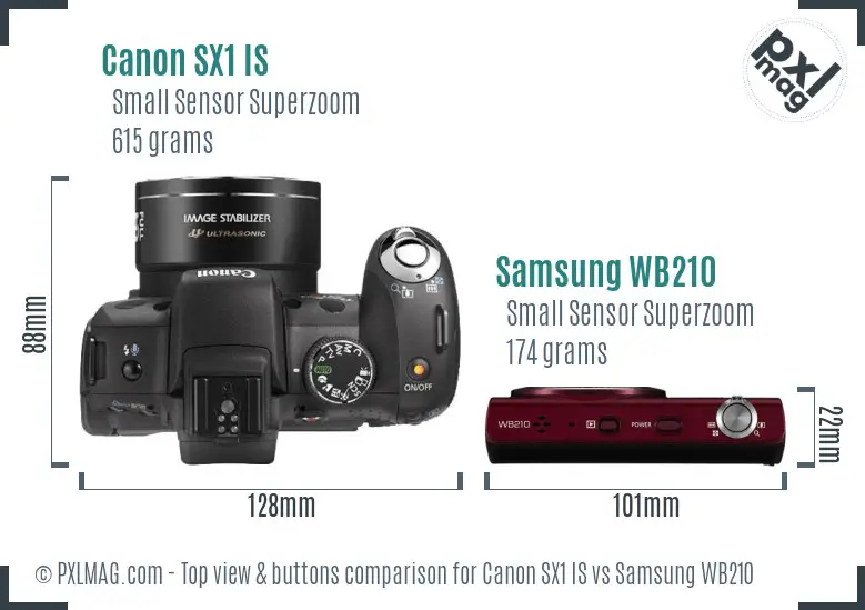 Canon SX1 IS vs Samsung WB210 top view buttons comparison