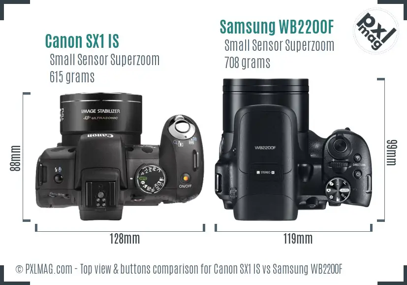 Canon SX1 IS vs Samsung WB2200F top view buttons comparison