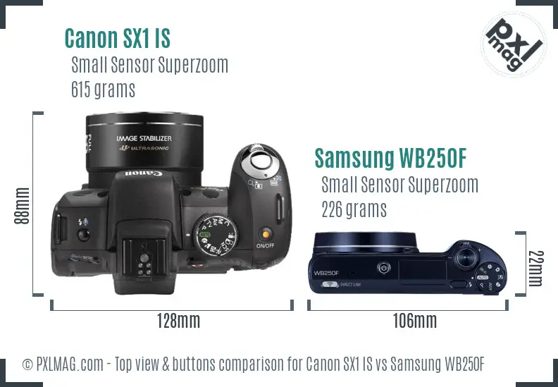 Canon SX1 IS vs Samsung WB250F top view buttons comparison