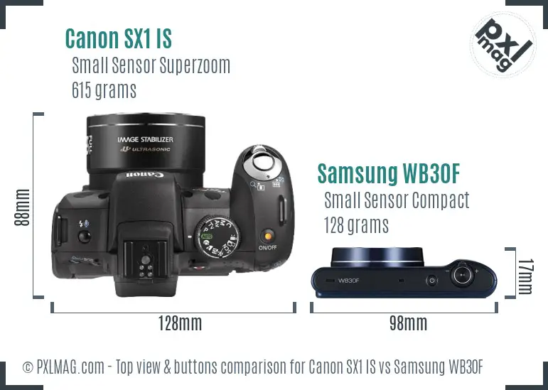 Canon SX1 IS vs Samsung WB30F top view buttons comparison