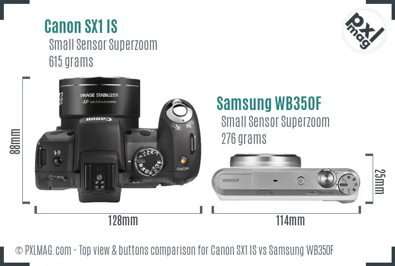 Canon SX1 IS vs Samsung WB350F top view buttons comparison