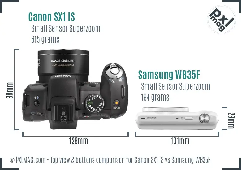 Canon SX1 IS vs Samsung WB35F top view buttons comparison