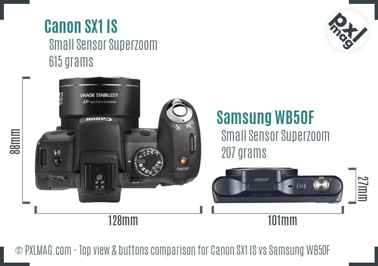 Canon SX1 IS vs Samsung WB50F top view buttons comparison