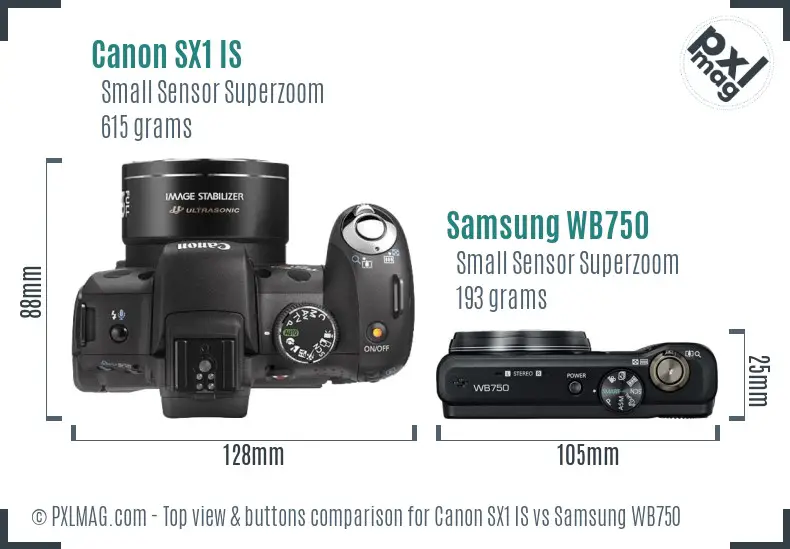 Canon SX1 IS vs Samsung WB750 top view buttons comparison