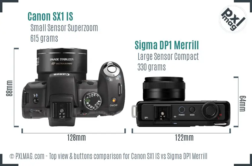 Canon SX1 IS vs Sigma DP1 Merrill top view buttons comparison Canon SX1 IS vs Sigma DP1 Merrill top view buttons comparison