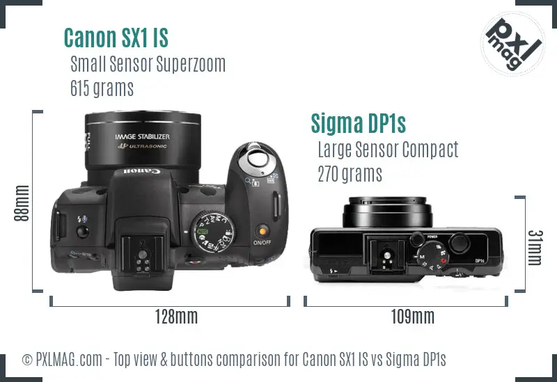 Canon SX1 IS vs Sigma DP1s top view buttons comparison