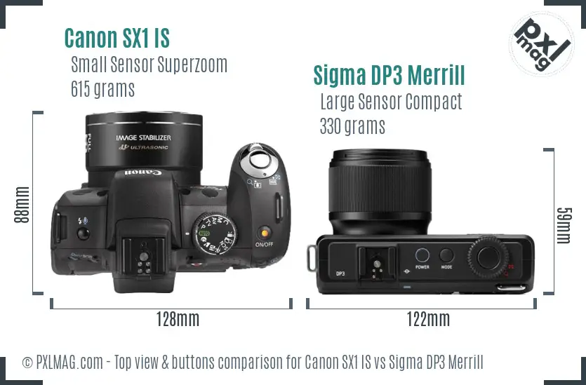 Canon SX1 IS vs Sigma DP3 Merrill top view buttons comparison