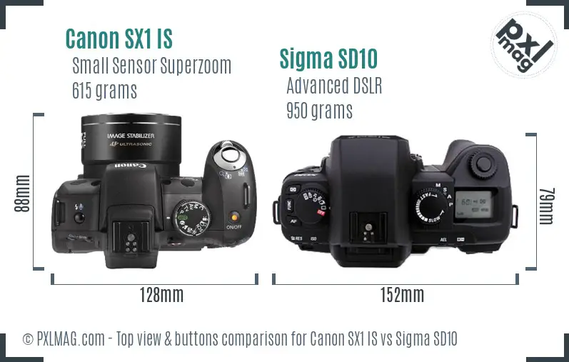 Canon SX1 IS vs Sigma SD10 top view buttons comparison Canon SX1 IS vs Sigma SD10 top view buttons comparison