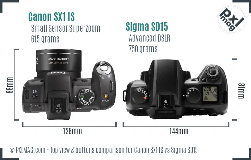 Canon SX1 IS vs Sigma SD15 top view buttons comparison