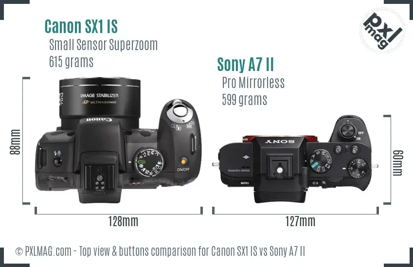 Canon SX1 IS vs Sony A7 II top view buttons comparison Canon SX1 IS vs Sony A7 II top view buttons comparison