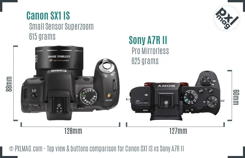 Canon SX1 IS vs Sony A7R II top view buttons comparison