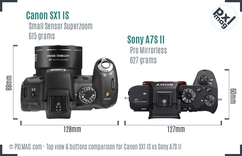 Canon SX1 IS vs Sony A7S II top view buttons comparison