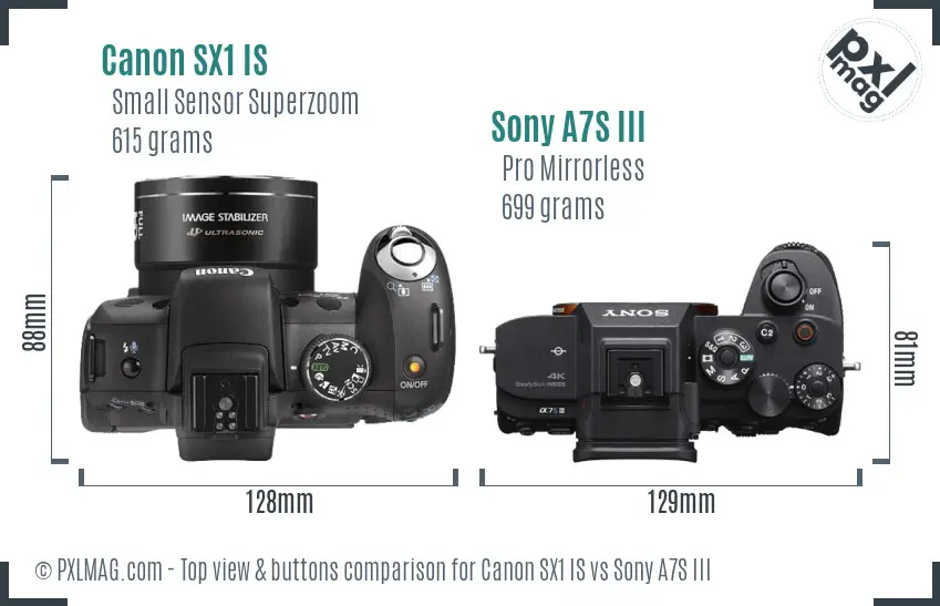 Canon SX1 IS vs Sony A7S III top view buttons comparison Canon SX1 IS vs Sony A7S III top view buttons comparison