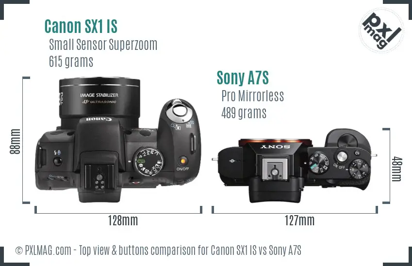 Canon SX1 IS vs Sony A7S top view buttons comparison