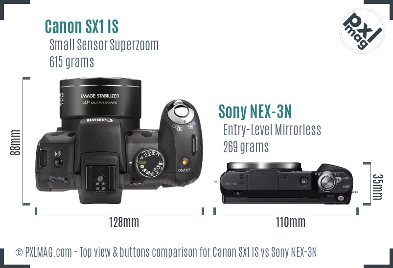 Canon SX1 IS vs Sony NEX-3N top view buttons comparison