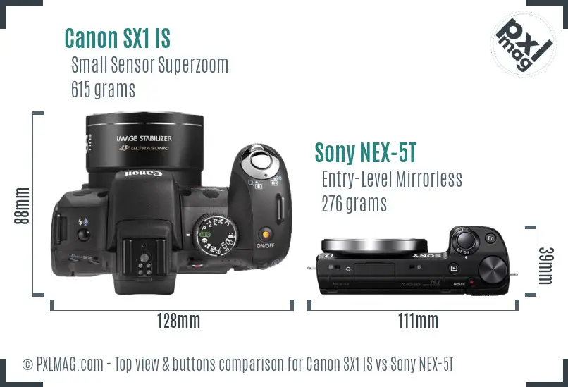 Canon SX1 IS vs Sony NEX-5T top view buttons comparison