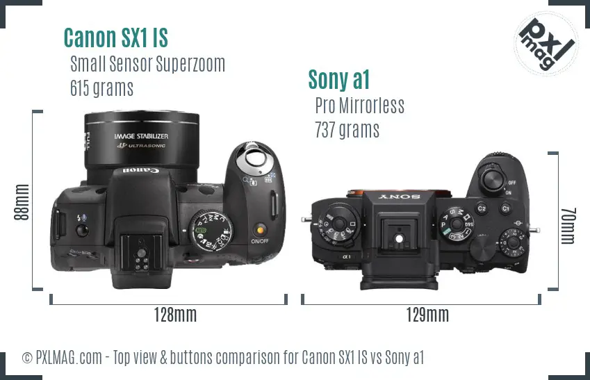 Canon SX1 IS vs Sony a1 top view buttons comparison Canon SX1 IS vs Sony a1 top view buttons comparison