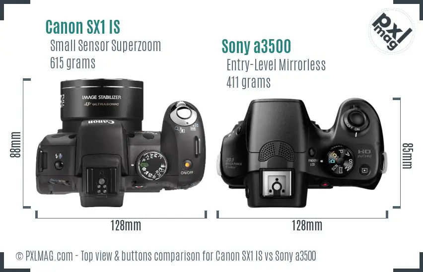 Canon SX1 IS vs Sony a3500 top view buttons comparison