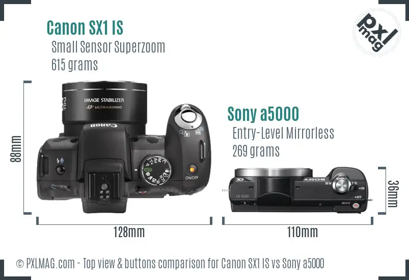 Canon SX1 IS vs Sony a5000 top view buttons comparison Canon SX1 IS vs Sony a5000 top view buttons comparison