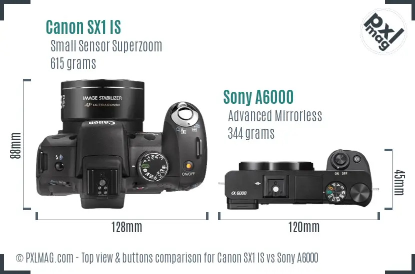 Canon SX1 IS vs Sony A6000 top view buttons comparison