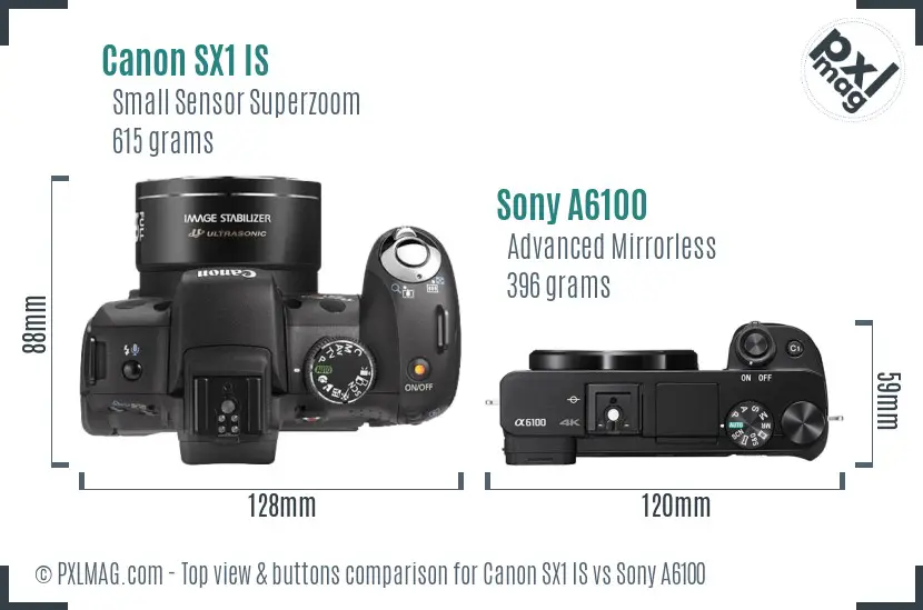 Canon SX1 IS vs Sony A6100 top view buttons comparison