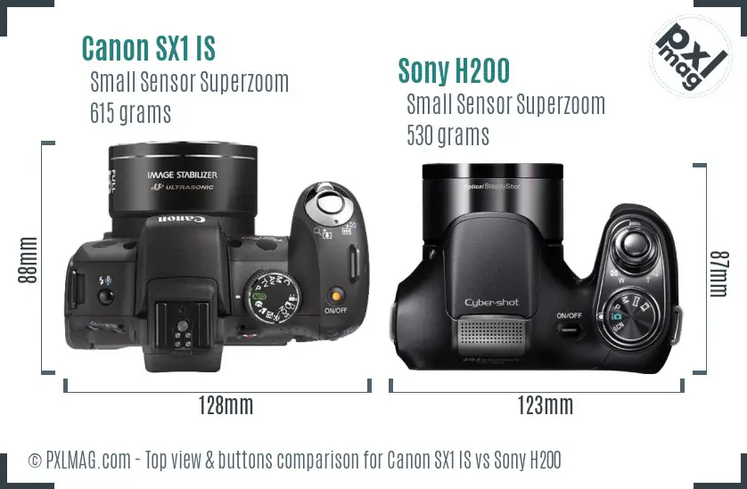 Canon SX1 IS vs Sony H200 top view buttons comparison