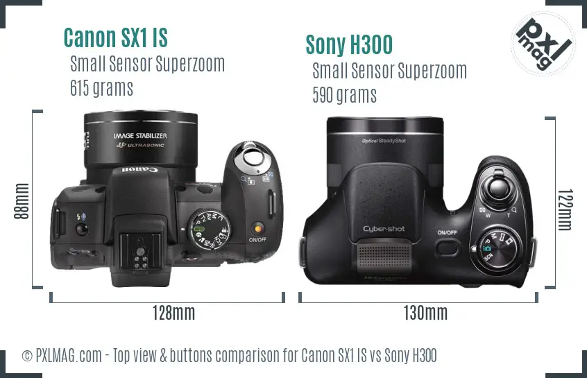 Canon SX1 IS vs Sony H300 top view buttons comparison