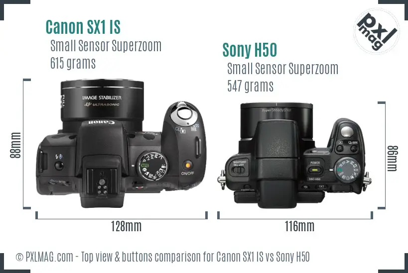 Canon SX1 IS vs Sony H50 top view buttons comparison Canon SX1 IS vs Sony H50 top view buttons comparison