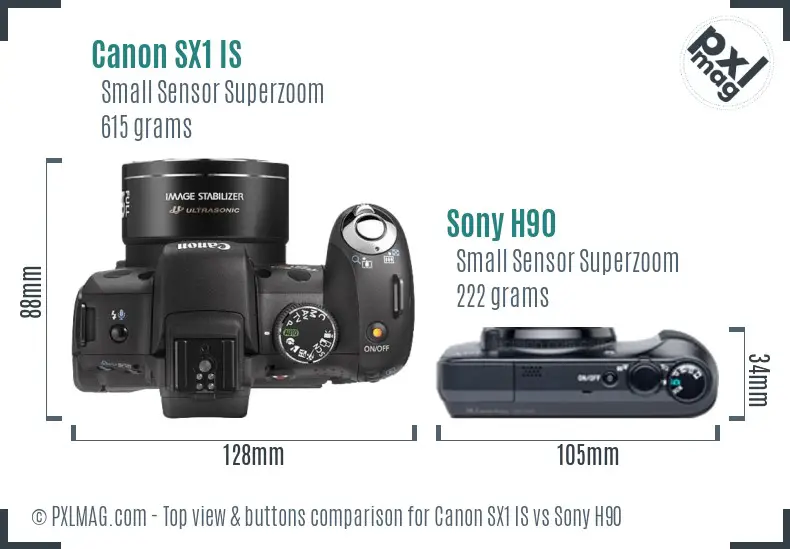 Canon SX1 IS vs Sony H90 top view buttons comparison