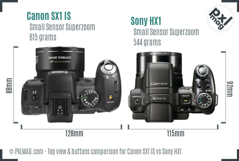 Canon SX1 IS vs Sony HX1 top view buttons comparison