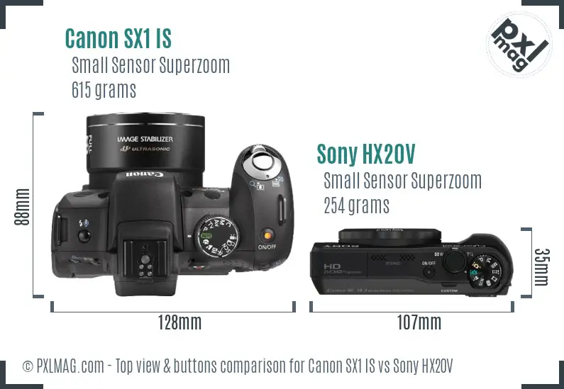 Canon SX1 IS vs Sony HX20V top view buttons comparison