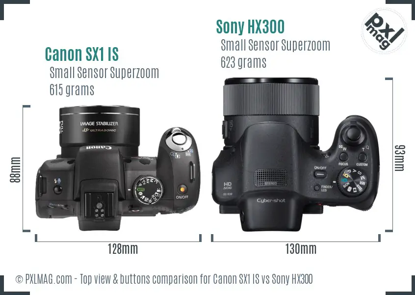 Canon SX1 IS vs Sony HX300 top view buttons comparison