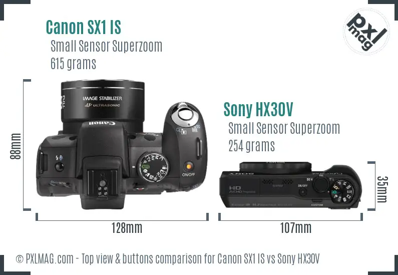 Canon SX1 IS vs Sony HX30V top view buttons comparison