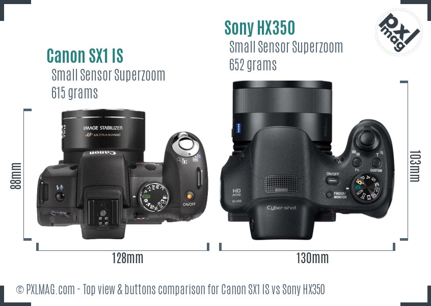 Canon SX1 IS vs Sony HX350 top view buttons comparison