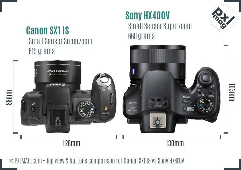 Canon SX1 IS vs Sony HX400V top view buttons comparison