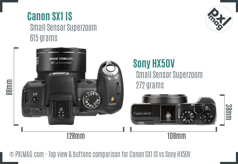 Canon SX1 IS vs Sony HX50V top view buttons comparison
