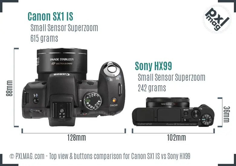 Canon SX1 IS vs Sony HX99 top view buttons comparison