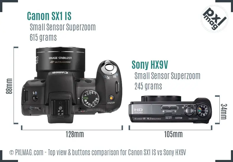 Canon SX1 IS vs Sony HX9V top view buttons comparison