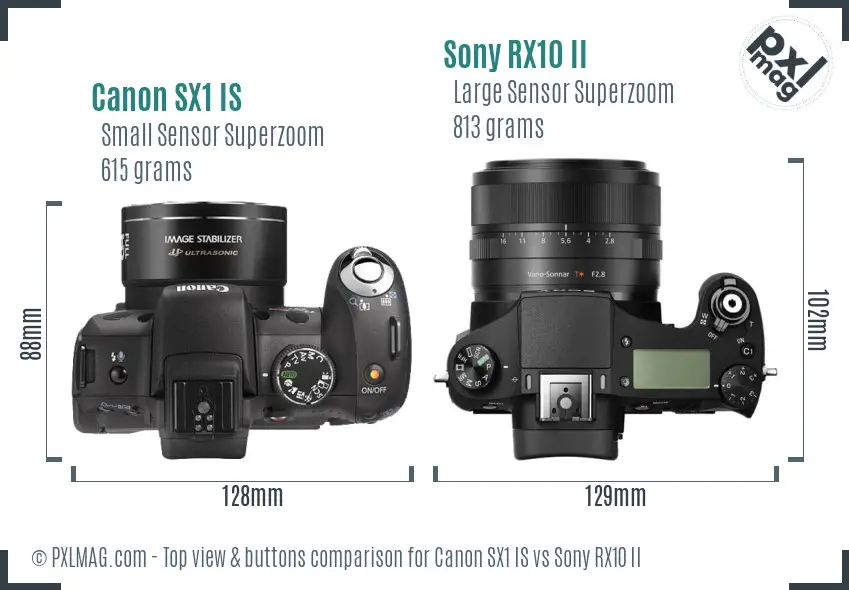 Canon SX1 IS vs Sony RX10 II top view buttons comparison