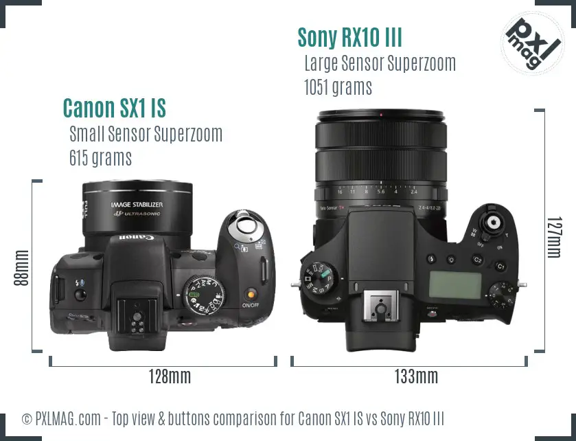 Canon SX1 IS vs Sony RX10 III top view buttons comparison