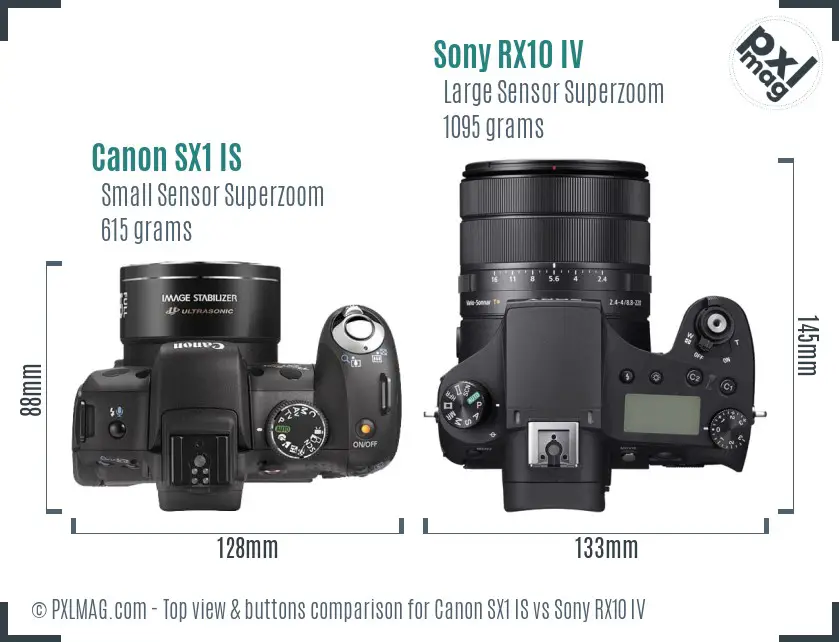 Canon SX1 IS vs Sony RX10 IV top view buttons comparison