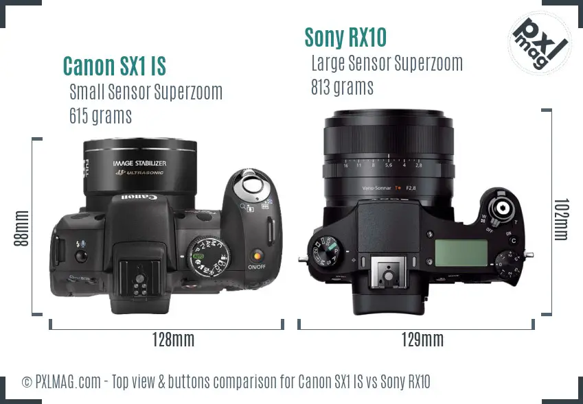 Canon SX1 IS vs Sony RX10 top view buttons comparison