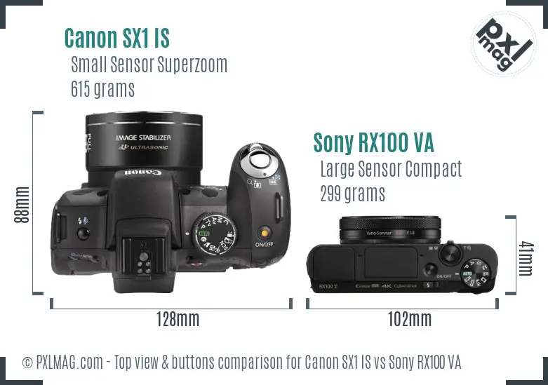 Canon SX1 IS vs Sony RX100 VA top view buttons comparison