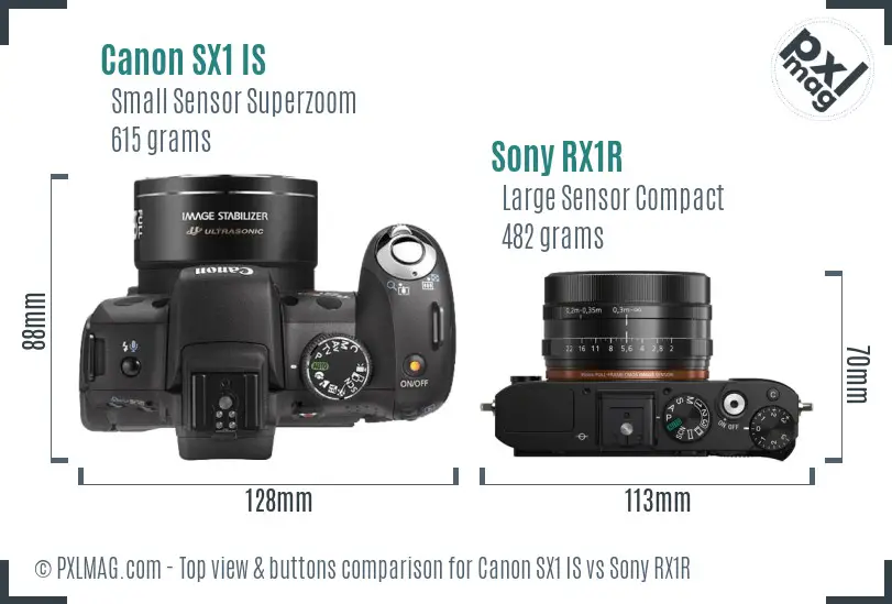 Canon SX1 IS vs Sony RX1R top view buttons comparison